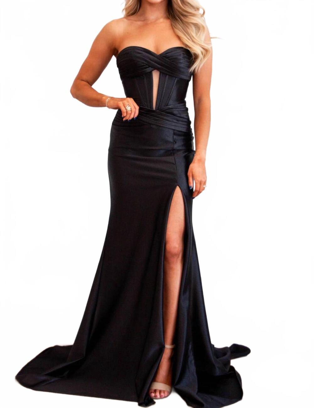 NEW CINDERELLA DIVINE waverly bustier strapless satin slit formal dress in black